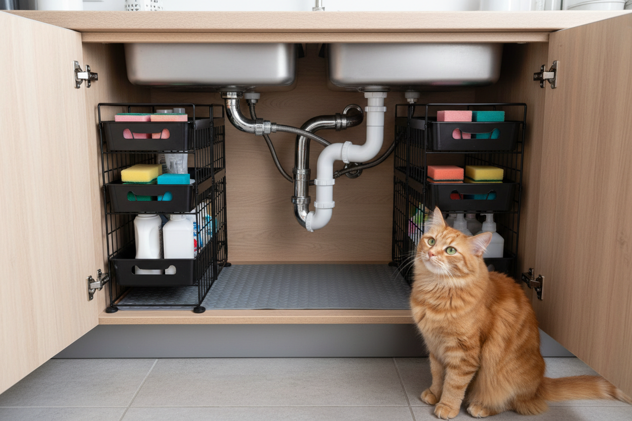 2 separate black organizer with visible pipes and cat to the side 