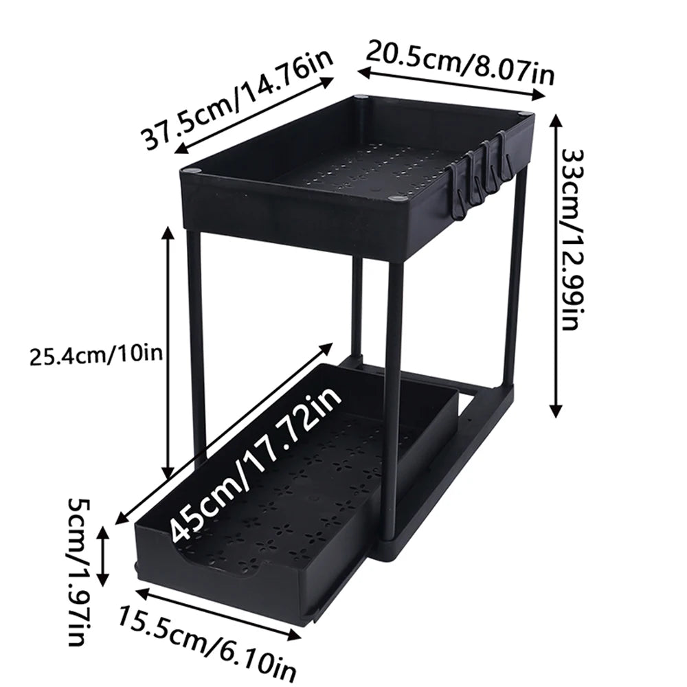 Under Sink Organizer Storage With Hooks 2-Tier Sliding Cabinet Basket Organizer Pull Out Sliding Drawer for Bathroom Kitchen