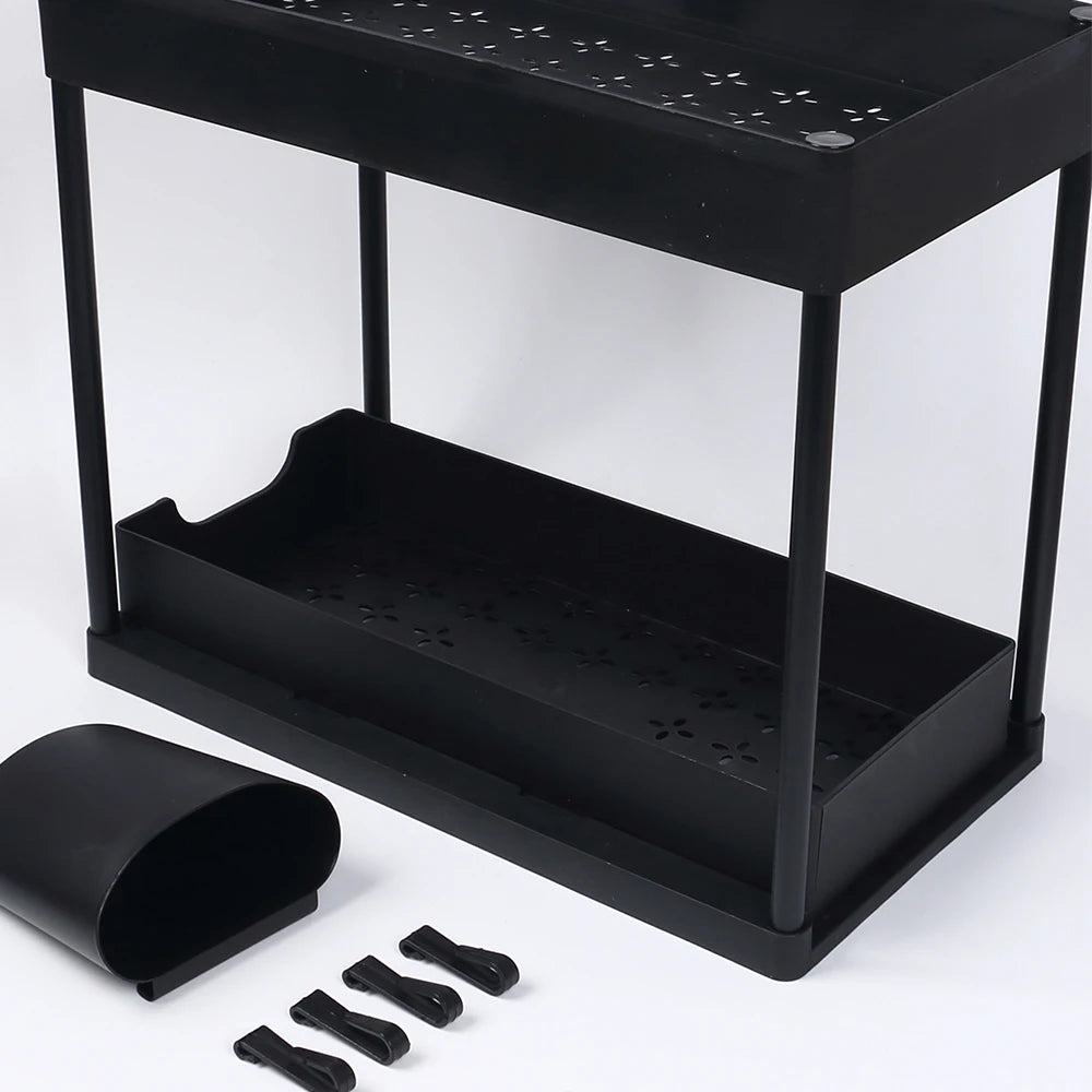 Under Sink Organizer Storage With Hooks 2-Tier Sliding Cabinet Basket Organizer Pull Out Sliding Drawer for Bathroom Kitchen